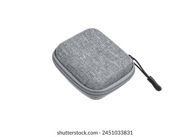 Protective hard case with a zipper and a gray fabric texture. Isolate on a white background.