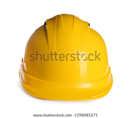 Protective hard hat on white background. Safety equipment