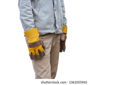 Protective leather gloves in working,   people standing wearing protective gloves on white background.