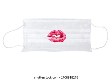 Protective medical mask with red lipstick kiss print on white background isolated closeup, nurse lips pattern on disposable respiratory surgical mask, sexy kiss imprint on doctor safety breathing mask