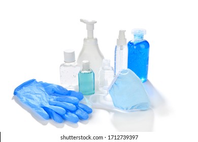 Protective Surgical Mask, Gloves And Hand Sanitizers To Protect From Pandemic Coronavirus Or COVID-19. 