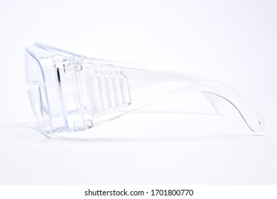 Protective Transparent Plastic Glasses, Side View On White Background