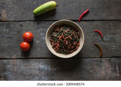 Protein Based Food Ingredient Kidney Beans And Kaali Dal Or Black Urad In A Bowl. Top View.