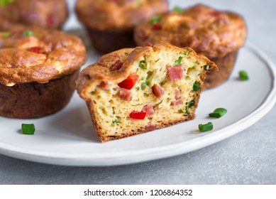 Protein Breakfast Egg Muffins With Bacon And Vegetables. High Protein Muffins For Ketogenic Or Paleo Diet, Close Up.