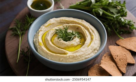 Protein Hummus: Creamy hummus with added protein, garnished with a drizzle of olive oil and fresh herbs, showcasing its smooth texture and nutritious boost.

