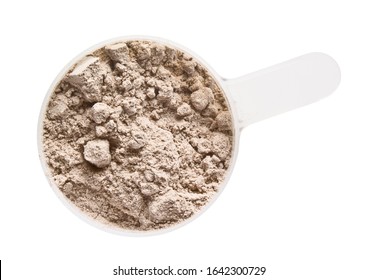 Protein Powder Scoop Isolated. Chocolate Casein Supplement Powder Cup On White Background. Sport Nutrition, Meal Replacement Drink Ingredient