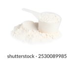 Protein powder and scoop isolated on white