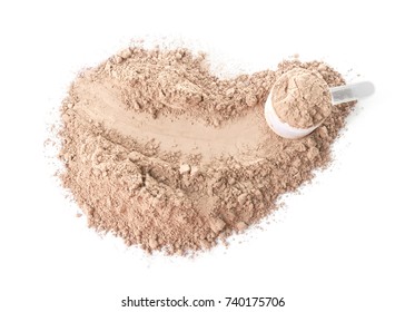 Protein Powder And Scoop On White Background