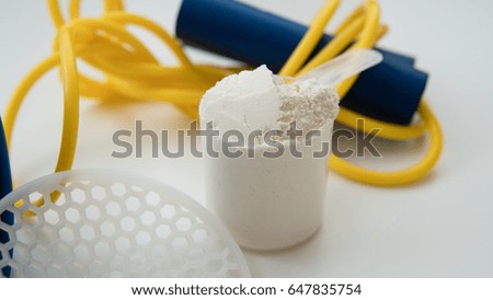 protein and rope close-up. Sports lifestyle and sports supplements in the diet
