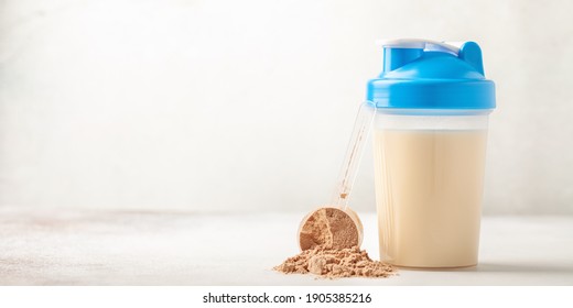 Protein Sport Shake And Powder . Fitness Food And Drink. Diet. Banner. Copy Space