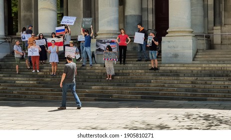 Protest In Adelaide - South Australia On January 31st 2021, Demanding The Release Of Alexei Navalny, Enprisioned By Vladmir Putin. Event Took Place In Front Of The Parliament Of South Australia.