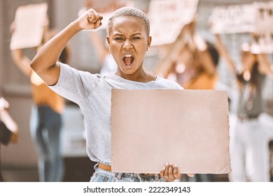 Protest cardboard mock up and black woman in crowd or street portrait with gender equality, human rights and justice with voice and power. Law, politics and activism mockup sign for women empowerment - Shutterstock ID 2222349143