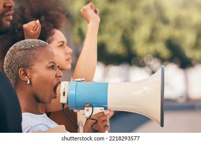 Protest, Megaphone And Angry Black Woman Shout For Human Rights, Equality And Anti Racism At Rally. Loudspeaker, Revolution And Democracy Campaign Leader On Bullhorn For Justice And Freedom In City