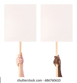 Protest signs held in hands, isolated on white background