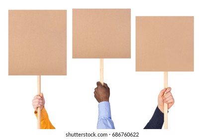 Protest Signs Held In Hands, Isolated On White Background