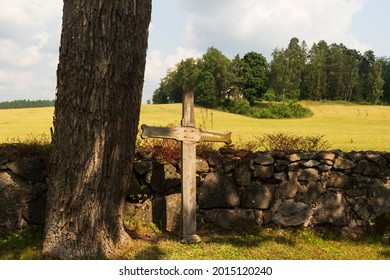 Protestant Church, Bell Tower And Cemetery In Lerbo, Södermanland. Stone Gravestones, Wood Crosses.