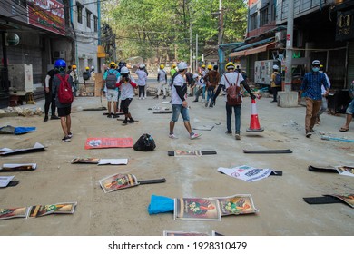 Protesters Set Up Their Own Traps To Prevent A Violent Arrest By Police In Yangon, Myanmar On 3 March 2021.