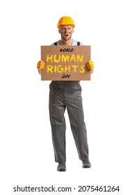 Protesting Miner Man With Placard On White Background. International Day Of Human Rights