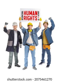 Protesting Miner Men With Placard On White Background. International Day Of Human Rights