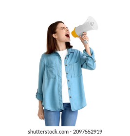 Protesting Woman With Megaphone On White Background