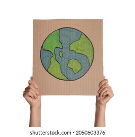 Protestor holding placard and drawing Earth white background  closeup  Climate strike