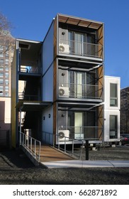 Prototypes Of Post Storm Disaster Modular Housing On Display, One Bedroom Unit On Top, Two Bedrooms Apartments Below, At The Office Of Emergency Planning, Brooklyn, NY, June 8, 2017