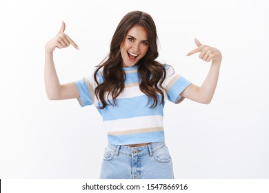 Proud Ambitous Good-looking Cheeky Brunette Woman Boastful Telling Own Accomplishment, Brag Personal Achievement Pointing Herself Act Like Professional, Being Winner, Stand White Background