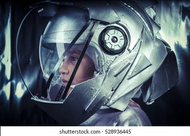 Proud, Boy Playing To Be An Astronaut With Space Helmet And Metal Suit