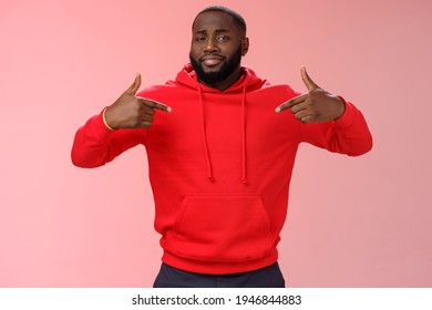 Proud cheeky confident young bearded african american man pointing himself bragging charish praise himself standing spotlight liking be center attention, smirking gladly, pink background