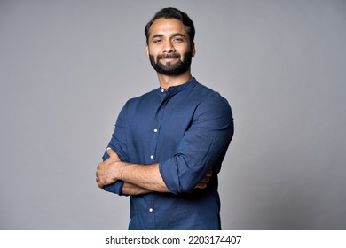 Proud confident bearded indian business man investor, rich ethnic ceo, corporate executive, professional lawyer banker, male office employee standing isolated on gray with arms crossed. Portrait - Shutterstock ID 2203174407
