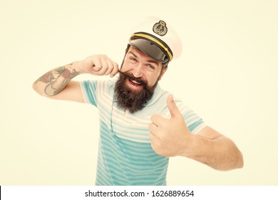 Proud Of His Mustache. Happy Sailor Twirl Mustache. Bearded Man With Mustache Give Thumbs Up. Fabulous Masculine Mustache Style. Spirit Of Adventure.