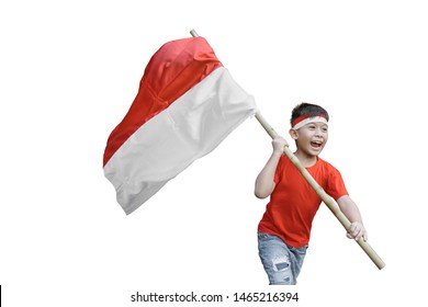 Proud Kid Waving Indonesian Flag On Independence Day Celebration Isolated Over White Background