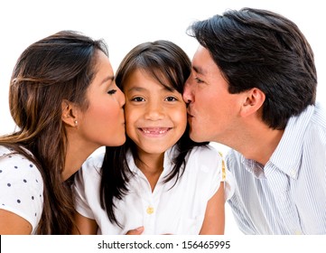 Proud Parents Kissing Their Daughter - Isolated Over White Background 