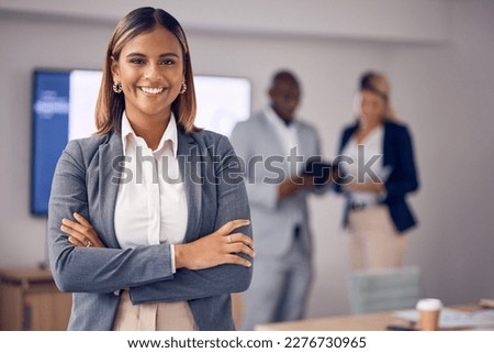 Proud portrait of business woman in office meeting with mindset for employees engagement, leadership and management. Face of happy corporate or professional Indian person or worker with job integrity