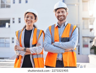 Proud portrait of engineering people in outdoor, construction site, development or project management mindset. Architecture, contractor or builder woman and partner in building or industry leadership - Powered by Shutterstock