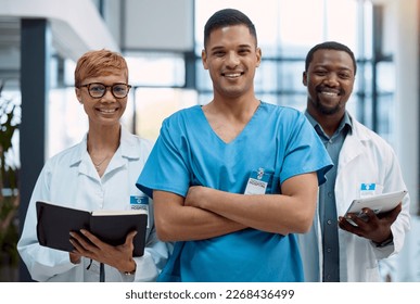 Proud portrait, team of doctors working in hospital research, planning and management for healthcare service. Leadership, mindset and diversity medical professional or black people in clinic career - Shutterstock ID 2268436499