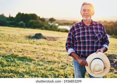 Proud senior man looks over his land                               