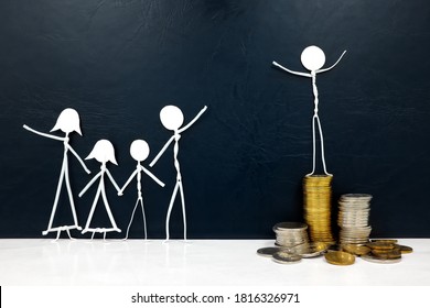 Proud Stick Man Figure On Top Of Pile Of Coins Beside A Happy Family. Genuine And True Happiness, Family Versus Money Or Career Concept.