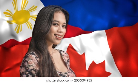 A Proud Young Filipino-Canadian, From 18-24, With Both Philippine And US Flags As Background. Naturalized Immigrant Or 2nd Generation Birthright Citizenship.