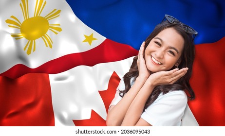 A Proud Young Filipino-Canadian, From 18-24, With Both Philippine And US Flags As Background. Naturalized Immigrant Or 2nd Generation Birthright Citizenship.