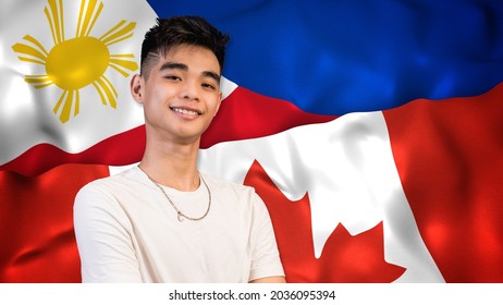 A Proud Young Filipino-Canadian, From 18-24, With Both Philippine And US Flags As Background. Naturalized Immigrant Or 2nd Generation Birthright Citizenship.