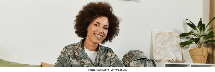 A proud young woman in military attire smiles as she prepares to embark on her service journey. - Powered by Shutterstock