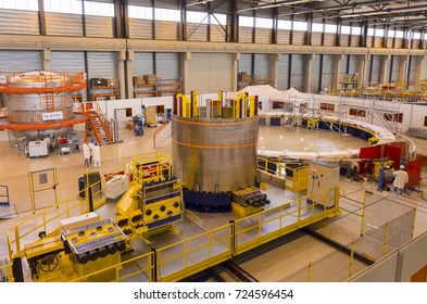 PROVENCE, FRANCE - JULY 31, 2017: ITER PF Coils Winding Facility Building, ITER, International Fusion Energy Organization. Conductor Spool, Center.