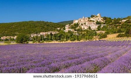 The Provence hilltop perched village of Simiane-la-Rotonde in summer with lavender filed. Alpes-de-Hautes-Provence, France