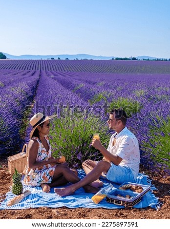 Provence, Lavender field France, Valensole Plateau, a colorful field of Lavender Valensole Plateau, Provence, Southern France Couple men and women on vacation having a picnic Stok fotoğraf © 