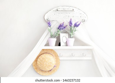 Provence, Rustic Style. Shabby Chic In Provencal Style. Village, Country House. Shelf For Hats, Household Trifles In A Gentle French Style On A White Background. Key Holder With Lavender Pots. Decor 