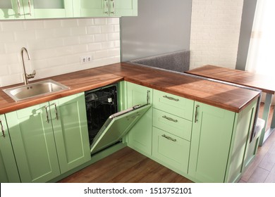 Provence Style Wooden Green Kitchen Interior In Sunset Light