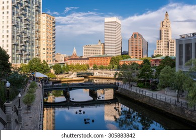 PROVIDENCE, RHODE ISLAND - JULY 24: Waterplace Park, The Woonasquatucket River And Downtown Providence From The Martin Luther, Jr. Bridge In Providence, Rhode Island On July 24, 2015.