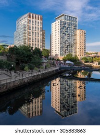 PROVIDENCE, RHODE ISLAND - JULY 24: Waterplace Park, The Woonasquatucket River And Condominiums From The Martin Luther, Jr. Bridge In Providence, Rhode Island On July 24, 2015.