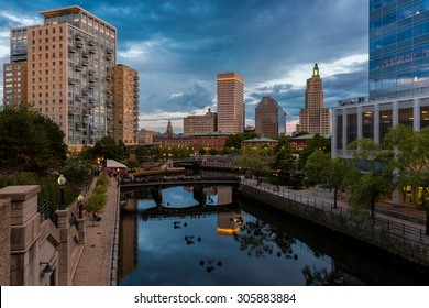 PROVIDENCE, RHODE ISLAND - JULY 24: Waterplace Park, The Woonasquatucket River And Downtown Providence From The Martin Luther, Jr. Bridge In Providence, Rhode Island On July 24, 2015.